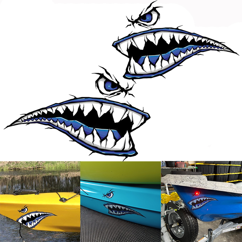 Fishing Boat Trailer - 2 個サメの歯口ボートステッカー防水 DIY カヤック漁船カヌー車のトラック日焼け止め修正ビニールデカール